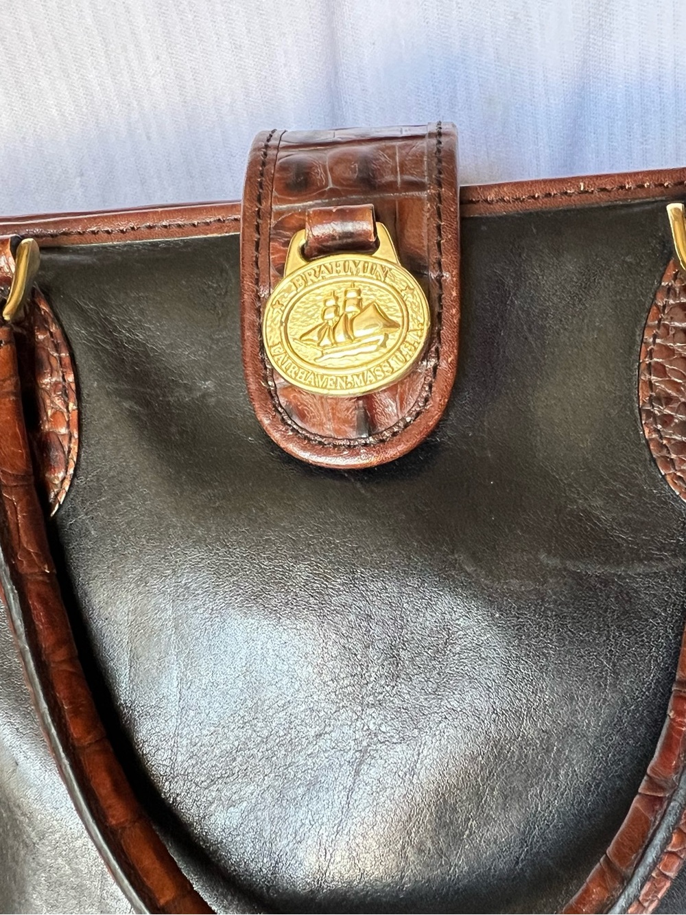 Vintage Brahmin Tuscan Addison Satchel Bag Black & Croc Leather (Excellent) - Picture 9 of 16
